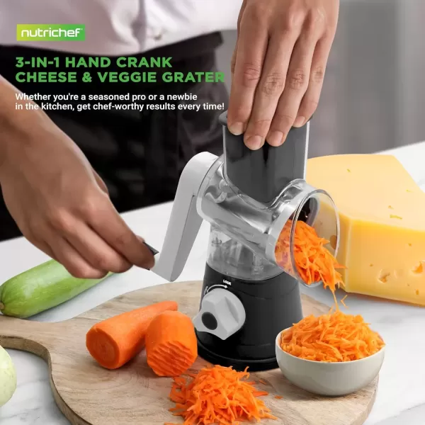 imageNutrichef 3 in 1 Cheese Grater ampamp Shredder  Strong Suction Base Rotary Handle with Safety Lock  Includes Cleaning Brush Hand Crank ampamp 3 Drum Blades for 3 Textures Fine Medium ampamp Strips  BlackBlack