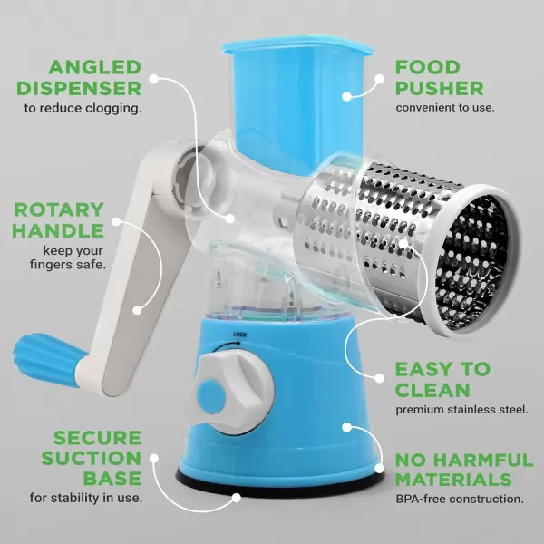 imageNutrichef 3 in 1 Cheese Grater ampamp Shredder  Strong Suction Base Rotary Handle with Safety Lock  Includes Cleaning Brush Hand Crank ampamp 3 Drum Blades for 3 Textures Fine Medium ampamp Strips  BlackBlue