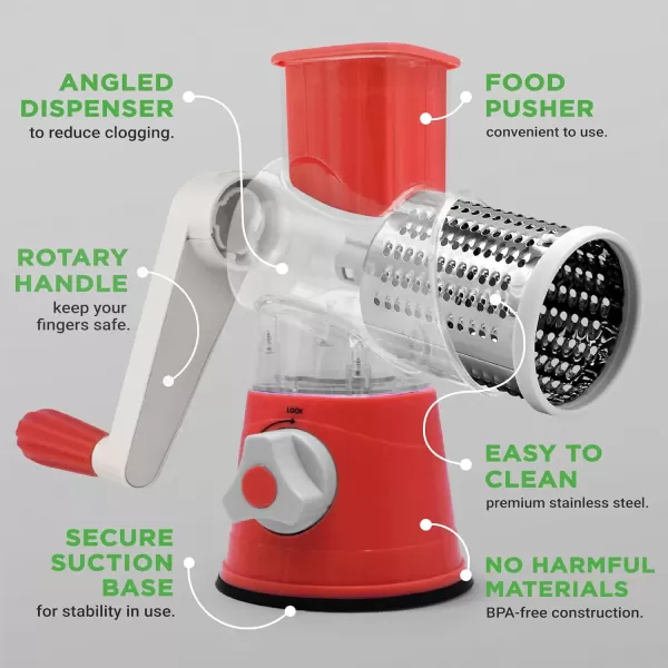 imageNutrichef 3 in 1 Cheese Grater ampamp Shredder  Strong Suction Base Rotary Handle with Safety Lock  Includes Cleaning Brush Hand Crank ampamp 3 Drum Blades for 3 Textures Fine Medium ampamp Strips  BlackRed