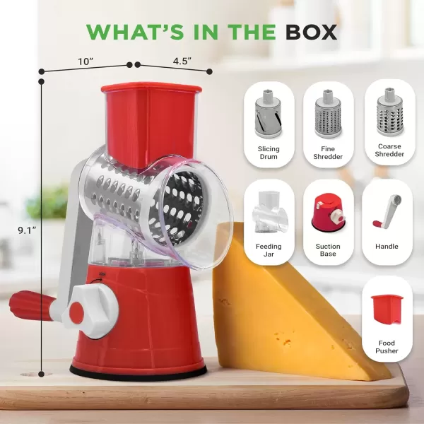 imageNutrichef 3 in 1 Cheese Grater ampamp Shredder  Strong Suction Base Rotary Handle with Safety Lock  Includes Cleaning Brush Hand Crank ampamp 3 Drum Blades for 3 Textures Fine Medium ampamp Strips  BlackRed