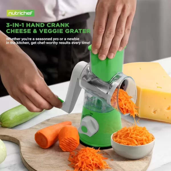 imageNutrichef 3 in 1 Cheese Grater ampamp Shredder  Strong Suction Base Rotary Handle with Safety Lock  Includes Cleaning Brush Hand Crank ampamp 3 Drum Blades for 3 Textures Fine Medium ampamp Strips  BlackGreen
