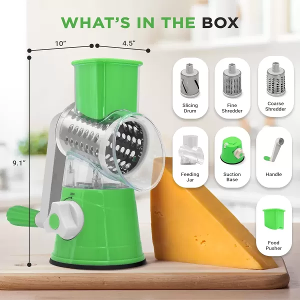 imageNutrichef 3 in 1 Cheese Grater ampamp Shredder  Strong Suction Base Rotary Handle with Safety Lock  Includes Cleaning Brush Hand Crank ampamp 3 Drum Blades for 3 Textures Fine Medium ampamp Strips  BlackGreen