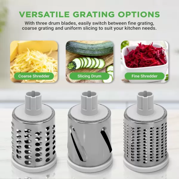 imageNutrichef 3 in 1 Cheese Grater ampamp Shredder  Strong Suction Base Rotary Handle with Safety Lock  Includes Cleaning Brush Hand Crank ampamp 3 Drum Blades for 3 Textures Fine Medium ampamp Strips  BlackBlue