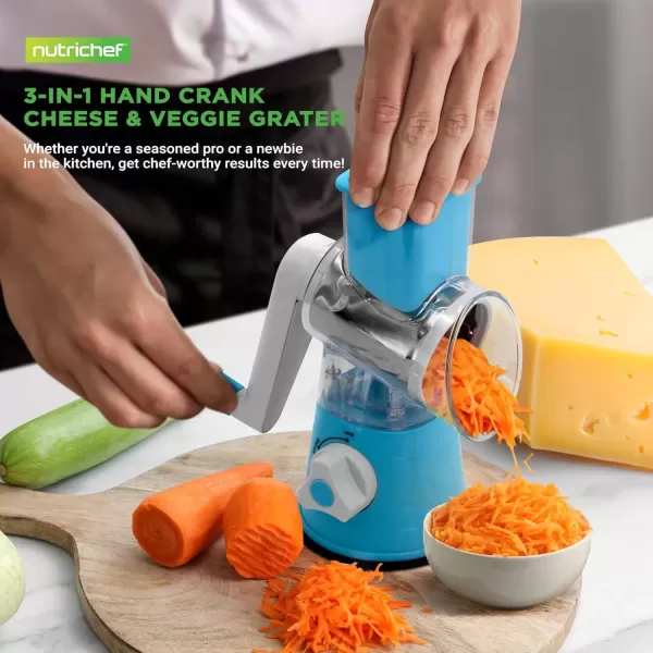 imageNutrichef 3 in 1 Cheese Grater ampamp Shredder  Strong Suction Base Rotary Handle with Safety Lock  Includes Cleaning Brush Hand Crank ampamp 3 Drum Blades for 3 Textures Fine Medium ampamp Strips  BlackBlue