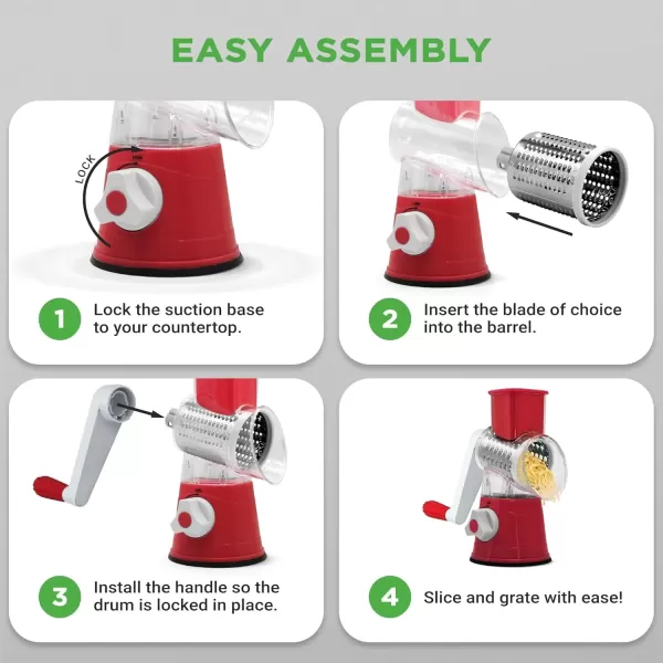 imageNutrichef 3 in 1 Cheese Grater ampamp Shredder  Strong Suction Base Rotary Handle with Safety Lock  Includes Cleaning Brush Hand Crank ampamp 3 Drum Blades for 3 Textures Fine Medium ampamp Strips  BlackRed