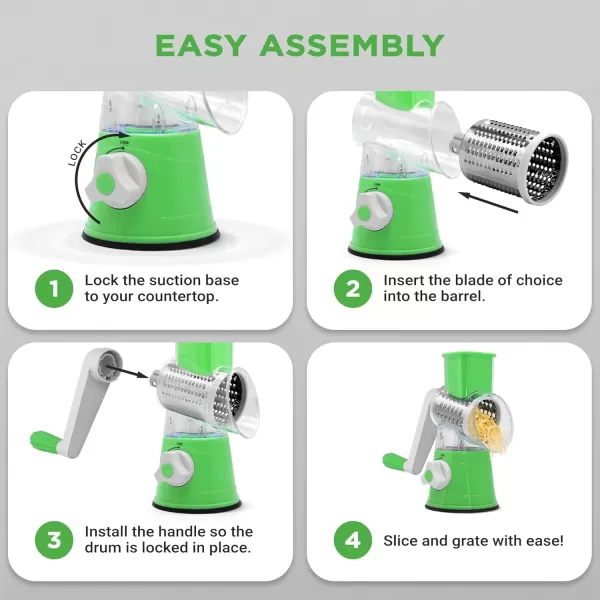 imageNutrichef 3 in 1 Cheese Grater ampamp Shredder  Strong Suction Base Rotary Handle with Safety Lock  Includes Cleaning Brush Hand Crank ampamp 3 Drum Blades for 3 Textures Fine Medium ampamp Strips  BlackGreen