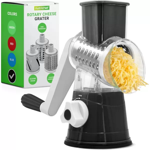 imageNutrichef 3 in 1 Cheese Grater ampamp Shredder  Strong Suction Base Rotary Handle with Safety Lock  Includes Cleaning Brush Hand Crank ampamp 3 Drum Blades for 3 Textures Fine Medium ampamp Strips  BlackBlack