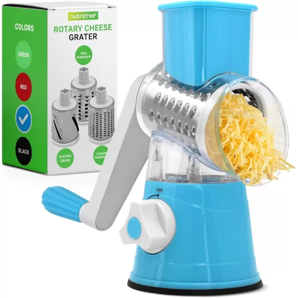 imageNutrichef 3 in 1 Cheese Grater ampamp Shredder  Strong Suction Base Rotary Handle with Safety Lock  Includes Cleaning Brush Hand Crank ampamp 3 Drum Blades for 3 Textures Fine Medium ampamp Strips  BlackBlue