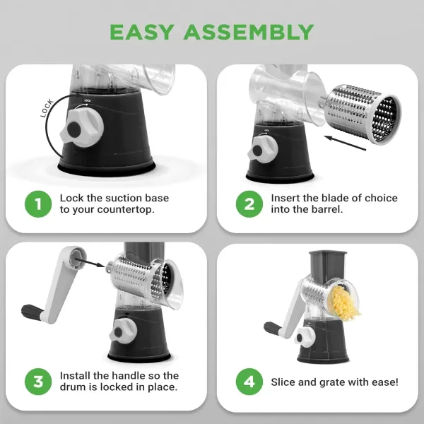 imageNutrichef 3 in 1 Cheese Grater ampamp Shredder  Strong Suction Base Rotary Handle with Safety Lock  Includes Cleaning Brush Hand Crank ampamp 3 Drum Blades for 3 Textures Fine Medium ampamp Strips  BlackBlack
