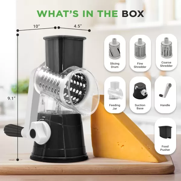 imageNutrichef 3 in 1 Cheese Grater ampamp Shredder  Strong Suction Base Rotary Handle with Safety Lock  Includes Cleaning Brush Hand Crank ampamp 3 Drum Blades for 3 Textures Fine Medium ampamp Strips  BlackBlack
