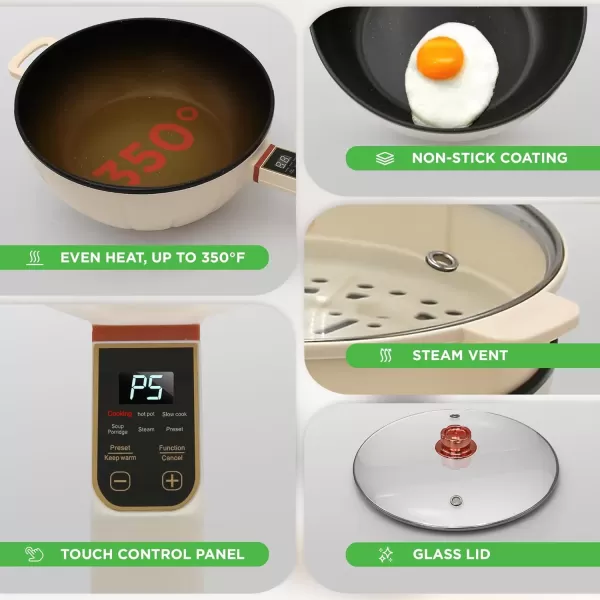 imageNutrichef 4L Electric Frying Pan ampamp 4L Steamer  Multifunctional Portable 1000W NonStick Pot for Cooking  Durable Heat Safe Handle  Touch Control Panel  Electric Hot Pot  BlackWhite