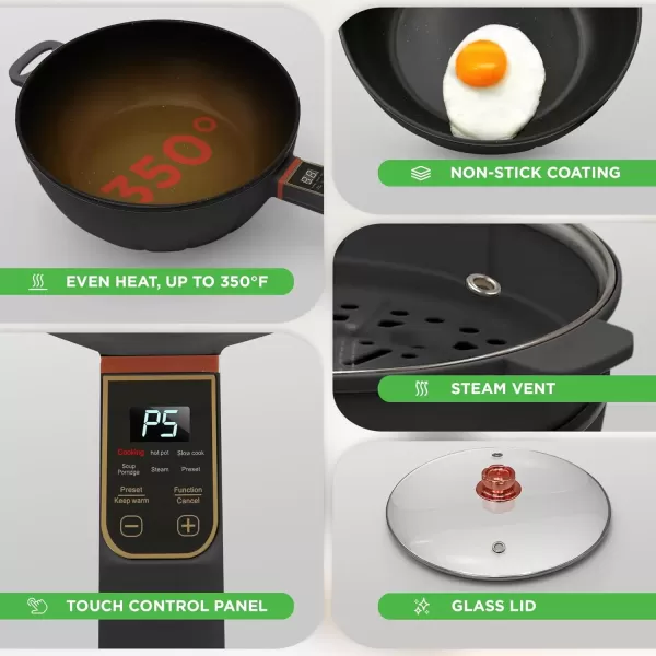 imageNutrichef 4L Electric Frying Pan ampamp 4L Steamer  Multifunctional Portable 1000W NonStick Pot for Cooking  Durable Heat Safe Handle  Touch Control Panel  Electric Hot Pot  BlackBlack