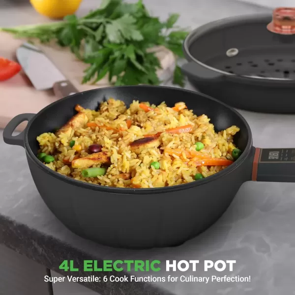 imageNutrichef 4L Electric Frying Pan ampamp 4L Steamer  Multifunctional Portable 1000W NonStick Pot for Cooking  Durable Heat Safe Handle  Touch Control Panel  Electric Hot Pot  BlackBlack