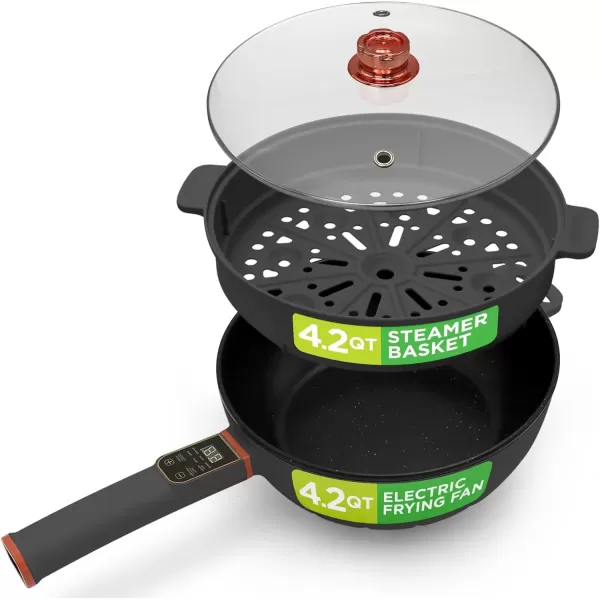 imageNutrichef 4L Electric Frying Pan ampamp 4L Steamer  Multifunctional Portable 1000W NonStick Pot for Cooking  Durable Heat Safe Handle  Touch Control Panel  Electric Hot Pot  BlackBlack