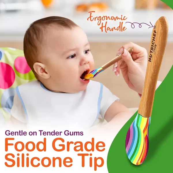 imageNutrichef Baby and Toddler 3 Compartment Plate Bowl Cup and Spoon Feeding Set Silicon Suction Nontoxic All Natural Bamboo Baby Food Plate Stripe SetRainbow Set 2
