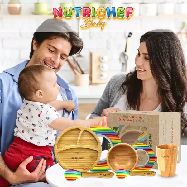 imageNutrichef Baby and Toddler 3 Compartment Plate Bowl Cup and Spoon Feeding Set Silicon Suction Nontoxic All Natural Bamboo Baby Food Plate Stripe SetRainbow Set 2