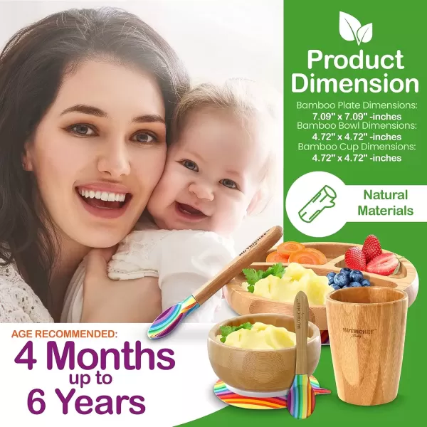 imageNutrichef Baby and Toddler 3 Compartment Plate Bowl Cup and Spoon Feeding Set Silicon Suction Nontoxic All Natural Bamboo Baby Food Plate Stripe SetRainbow Set 2