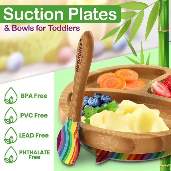 imageNutrichef Baby and Toddler 3 Compartment Plate Bowl Cup and Spoon Feeding Set Silicon Suction Nontoxic All Natural Bamboo Baby Food Plate Stripe SetRainbow Set 2