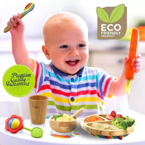 imageNutrichef Baby and Toddler 3 Compartment Plate Bowl Cup and Spoon Feeding Set Silicon Suction Nontoxic All Natural Bamboo Baby Food Plate Stripe SetRainbow Set 2