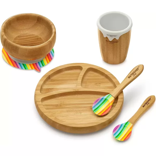imageNutrichef Baby and Toddler 3 Compartment Plate Bowl Cup and Spoon Feeding Set Silicon Suction Nontoxic All Natural Bamboo Baby Food Plate Stripe SetRainbow Set 2