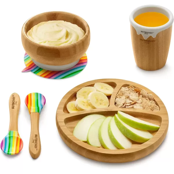 imageNutrichef Baby and Toddler 3 Compartment Plate Bowl Cup and Spoon Feeding Set Silicon Suction Nontoxic All Natural Bamboo Baby Food Plate Stripe SetRainbow Set 2