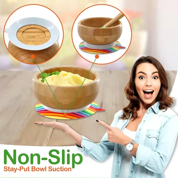 imageNutrichef Baby and Toddler 3 Compartment Plate Bowl Cup and Spoon Feeding Set Silicon Suction Nontoxic All Natural Bamboo Baby Food Plate Stripe SetRainbow Set 2