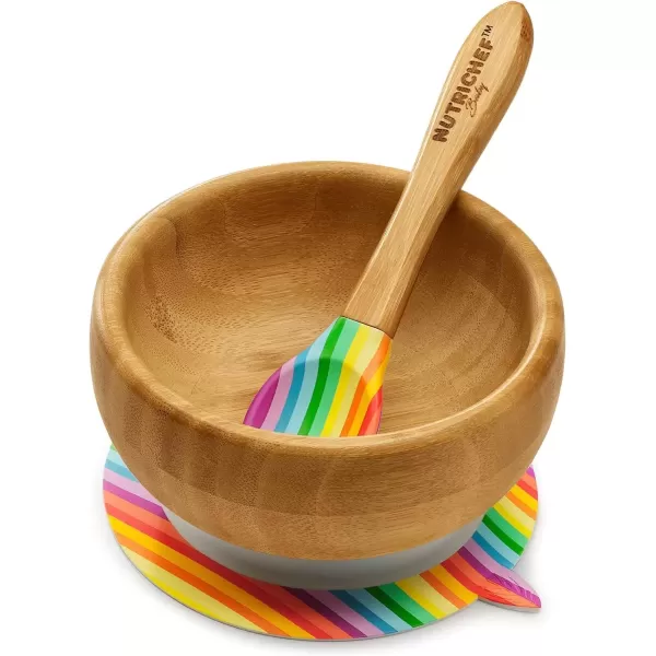 imageNutrichef Baby and Toddler 3 Compartment Plate Bowl Cup and Spoon Feeding Set Silicon Suction Nontoxic All Natural Bamboo Baby Food Plate Stripe SetStripe Bowl