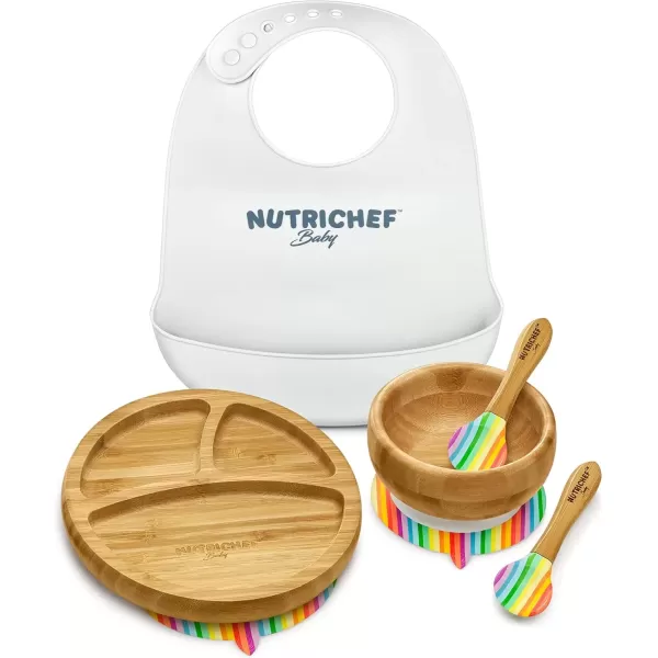 imageNutrichef Baby and Toddler 3 Compartment Plate Bowl Cup and Spoon Feeding Set Silicon Suction Nontoxic All Natural Bamboo Baby Food Plate Stripe SetStripe Set with Bib