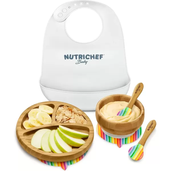 imageNutrichef Baby and Toddler 3 Compartment Plate Bowl Cup and Spoon Feeding Set Silicon Suction Nontoxic All Natural Bamboo Baby Food Plate Stripe SetStripe Set with Bib