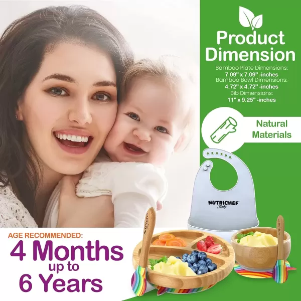 imageNutrichef Baby and Toddler 3 Compartment Plate Bowl Cup and Spoon Feeding Set Silicon Suction Nontoxic All Natural Bamboo Baby Food Plate Stripe SetStripe Set with Bib