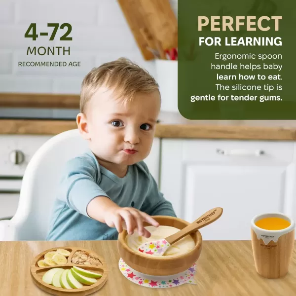 imageNutrichef Baby and Toddler 3 Compartment Plate Bowl Cup and Spoon Feeding Set Silicon Suction Nontoxic All Natural Bamboo Baby Food Plate Stripe SetStarts Set 2