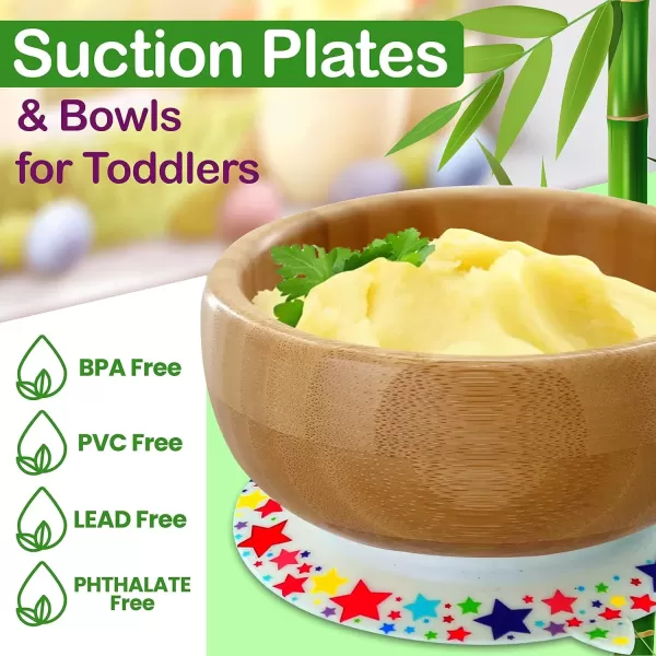 imageNutrichef Baby and Toddler 3 Compartment Plate Bowl Cup and Spoon Feeding Set Silicon Suction Nontoxic All Natural Bamboo Baby Food Plate Stripe SetStar Bowl