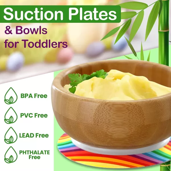 imageNutrichef Baby and Toddler 3 Compartment Plate Bowl Cup and Spoon Feeding Set Silicon Suction Nontoxic All Natural Bamboo Baby Food Plate Stripe SetStripe Bowl