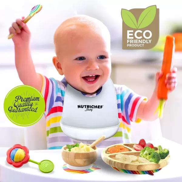 imageNutrichef Baby and Toddler 3 Compartment Plate Bowl Cup and Spoon Feeding Set Silicon Suction Nontoxic All Natural Bamboo Baby Food Plate Stripe SetStripe Set with Bib