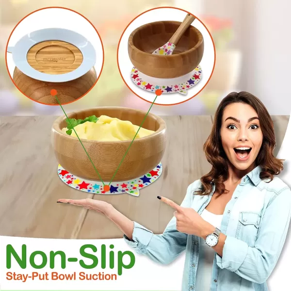 imageNutrichef Baby and Toddler 3 Compartment Plate Bowl Cup and Spoon Feeding Set Silicon Suction Nontoxic All Natural Bamboo Baby Food Plate Stripe SetStar Bowl