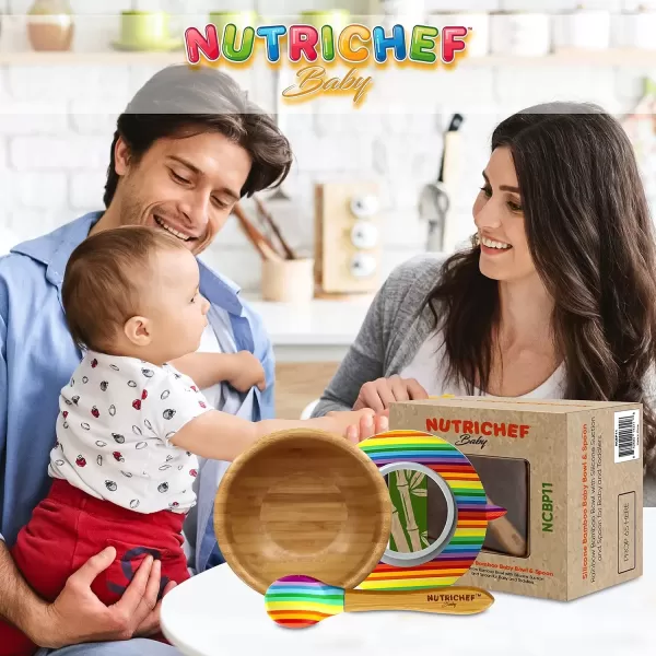 imageNutrichef Baby and Toddler 3 Compartment Plate Bowl Cup and Spoon Feeding Set Silicon Suction Nontoxic All Natural Bamboo Baby Food Plate Stripe SetStripe Bowl