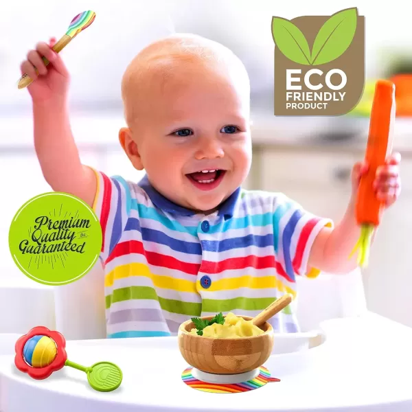 imageNutrichef Baby and Toddler 3 Compartment Plate Bowl Cup and Spoon Feeding Set Silicon Suction Nontoxic All Natural Bamboo Baby Food Plate Stripe SetStripe Bowl