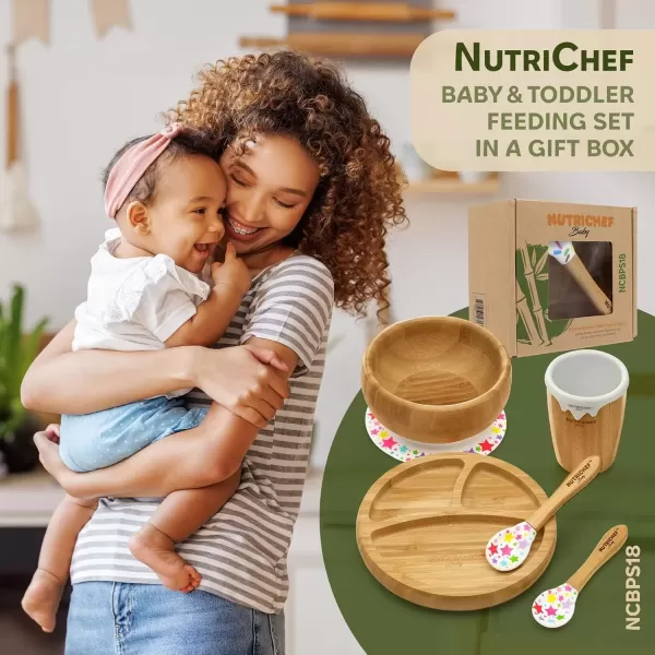 imageNutrichef Baby and Toddler 3 Compartment Plate Bowl Cup and Spoon Feeding Set Silicon Suction Nontoxic All Natural Bamboo Baby Food Plate Stripe SetStarts Set 2