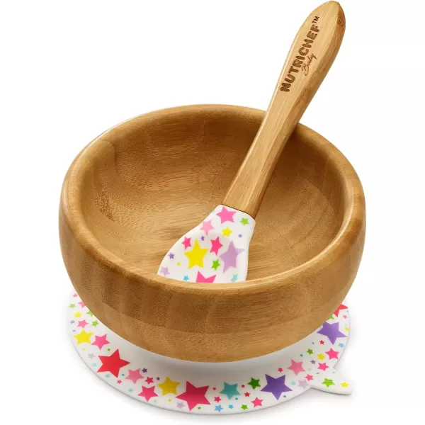 imageNutrichef Baby and Toddler 3 Compartment Plate Bowl Cup and Spoon Feeding Set Silicon Suction Nontoxic All Natural Bamboo Baby Food Plate Stripe SetStar Bowl