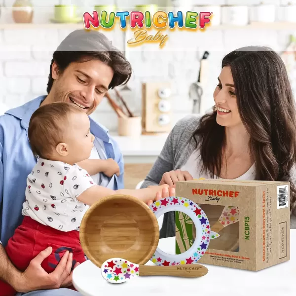 imageNutrichef Baby and Toddler 3 Compartment Plate Bowl Cup and Spoon Feeding Set Silicon Suction Nontoxic All Natural Bamboo Baby Food Plate Stripe SetStar Bowl