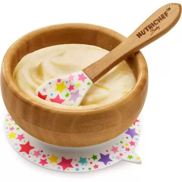 imageNutrichef Baby and Toddler 3 Compartment Plate Bowl Cup and Spoon Feeding Set Silicon Suction Nontoxic All Natural Bamboo Baby Food Plate Stripe SetStar Bowl