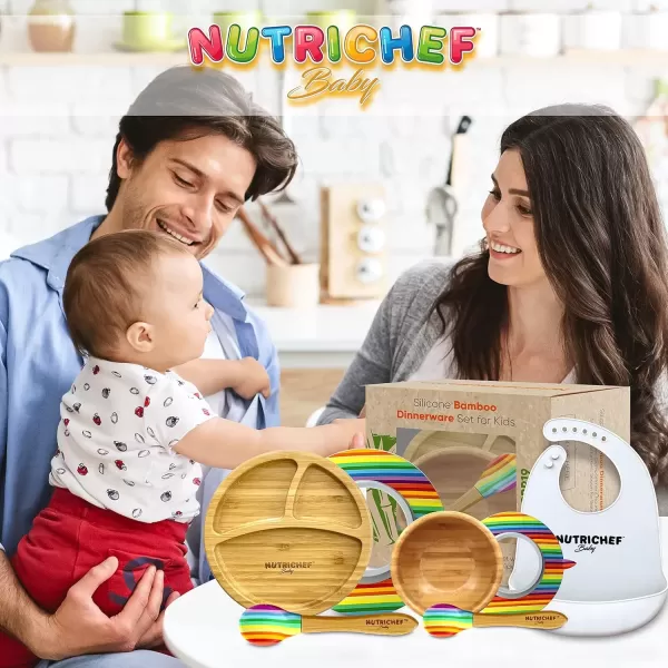 imageNutrichef Baby and Toddler 3 Compartment Plate Bowl Cup and Spoon Feeding Set Silicon Suction Nontoxic All Natural Bamboo Baby Food Plate Stripe SetStripe Set with Bib