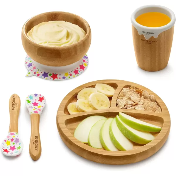 imageNutrichef Baby and Toddler 3 Compartment Plate Bowl Cup and Spoon Feeding Set Silicon Suction Nontoxic All Natural Bamboo Baby Food Plate Stripe SetStarts Set 2