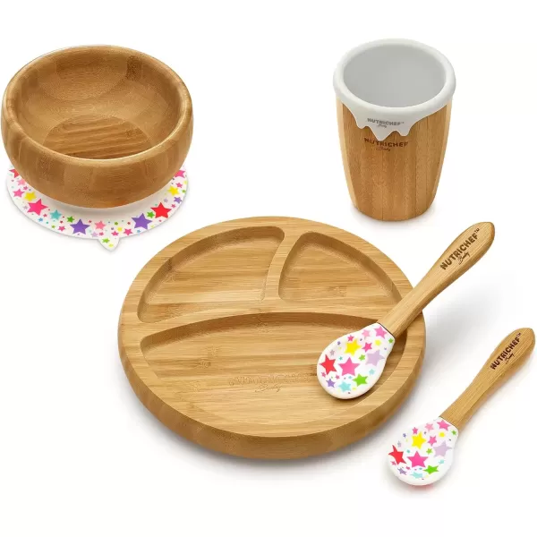 imageNutrichef Baby and Toddler 3 Compartment Plate Bowl Cup and Spoon Feeding Set Silicon Suction Nontoxic All Natural Bamboo Baby Food Plate Stripe SetStarts Set 2