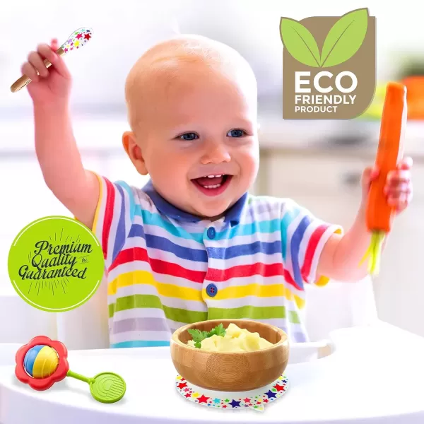 imageNutrichef Baby and Toddler 3 Compartment Plate Bowl Cup and Spoon Feeding Set Silicon Suction Nontoxic All Natural Bamboo Baby Food Plate Stripe SetStar Bowl