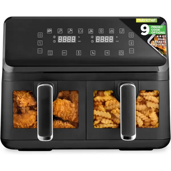 imageNutrichef Double Basket Air Fryer 88 QT  Family Size Oil Free Airfryer with Transparent Window  91 Preset Cooking Options  360 Hot Air Circulation Technology  44 QTs per Basket  Black