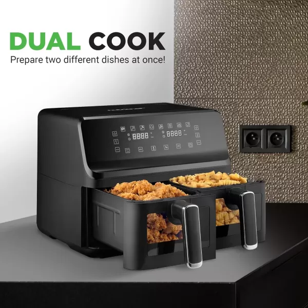 imageNutrichef Double Basket Air Fryer 88 QT  Family Size Oil Free Airfryer with Transparent Window  91 Preset Cooking Options  360 Hot Air Circulation Technology  44 QTs per Basket  Black