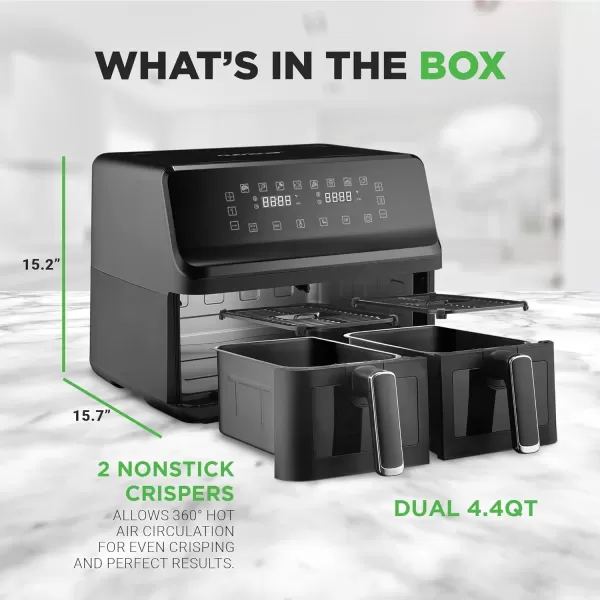 imageNutrichef Double Basket Air Fryer 88 QT  Family Size Oil Free Airfryer with Transparent Window  91 Preset Cooking Options  360 Hot Air Circulation Technology  44 QTs per Basket  Black