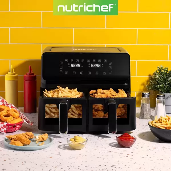imageNutrichef Double Basket Air Fryer 88 QT  Family Size Oil Free Airfryer with Transparent Window  91 Preset Cooking Options  360 Hot Air Circulation Technology  44 QTs per Basket  Black