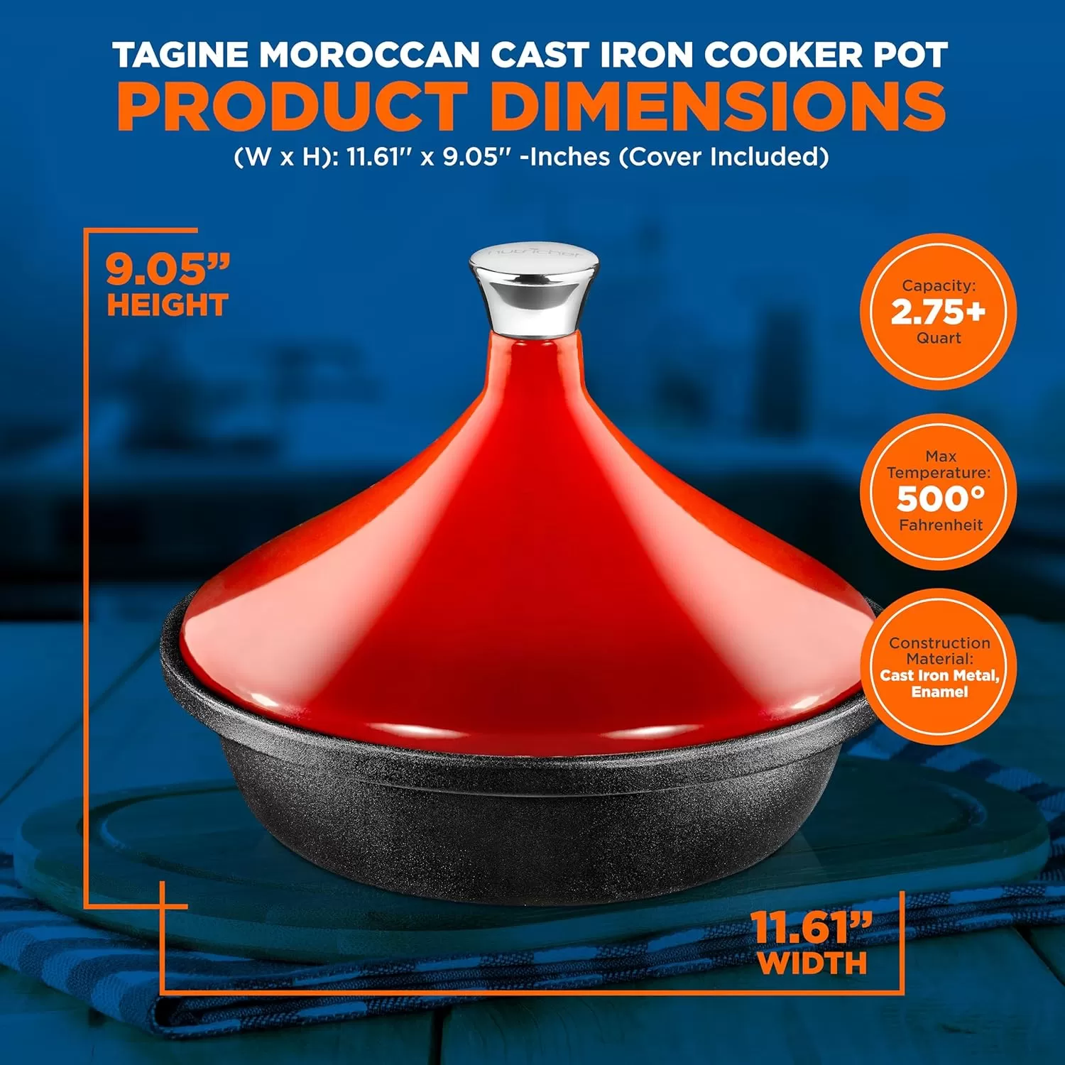 imageNutriChef Moroccan Tagine Pot for Cooking  Premium Cast Iron Cooking Pot with Stainless Steel Knob and Red ConeShaped Porcelain Enameled Lid  116quot Width 275 Qt